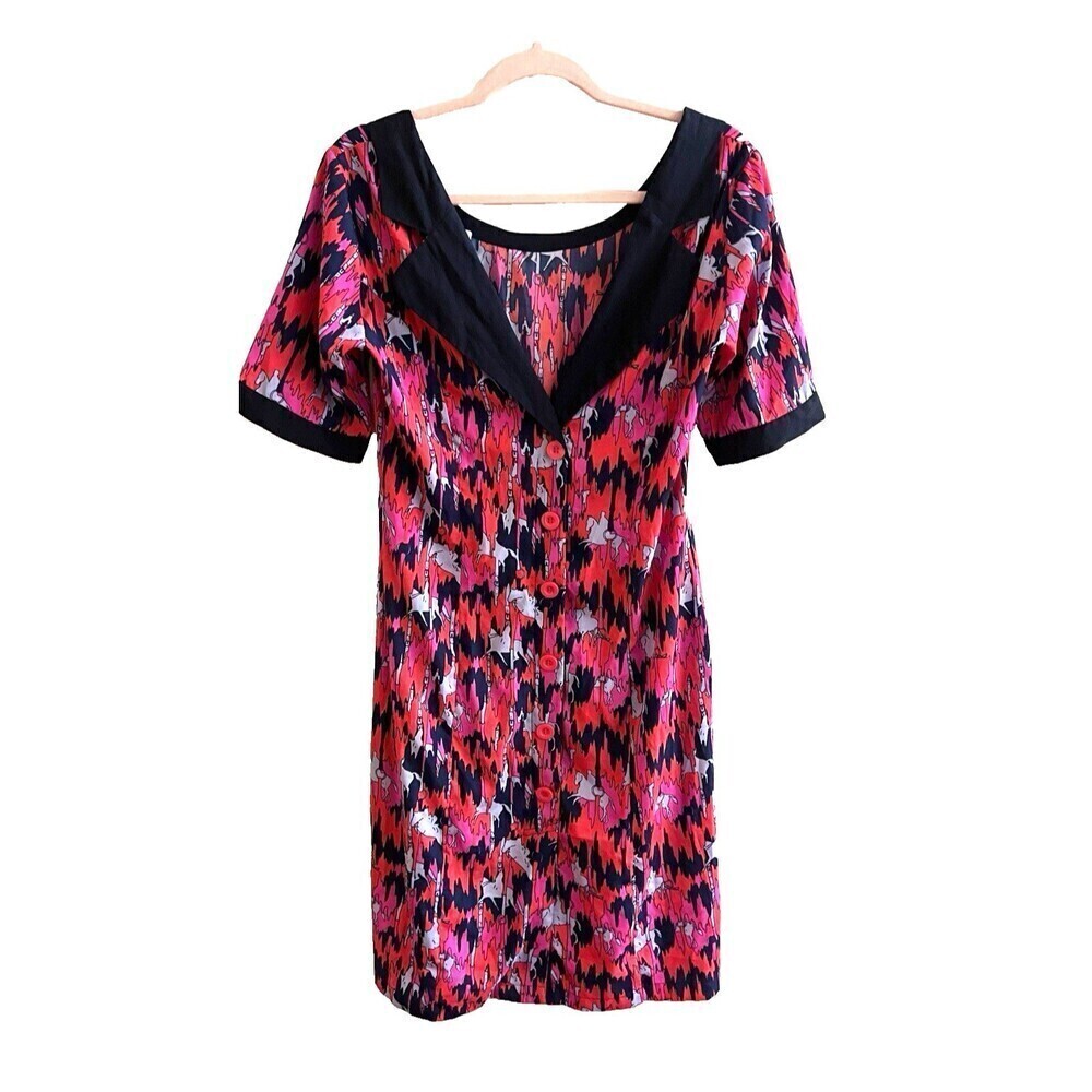 Vero Moda Rockabilly Colorful Horse V Neck Dress 38 M Short Sleeve Button Joslin